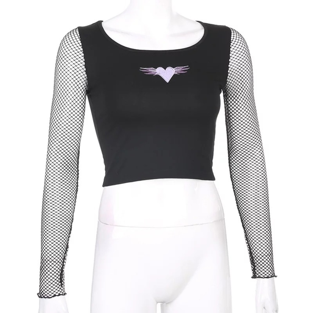 Goth Patchwork Top Graphic Mesh Fishnet Tops